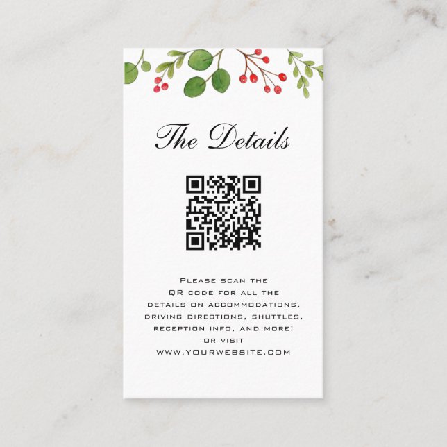Winter Greenery Wedding Details Karte mit QR Code (Vorderseite)