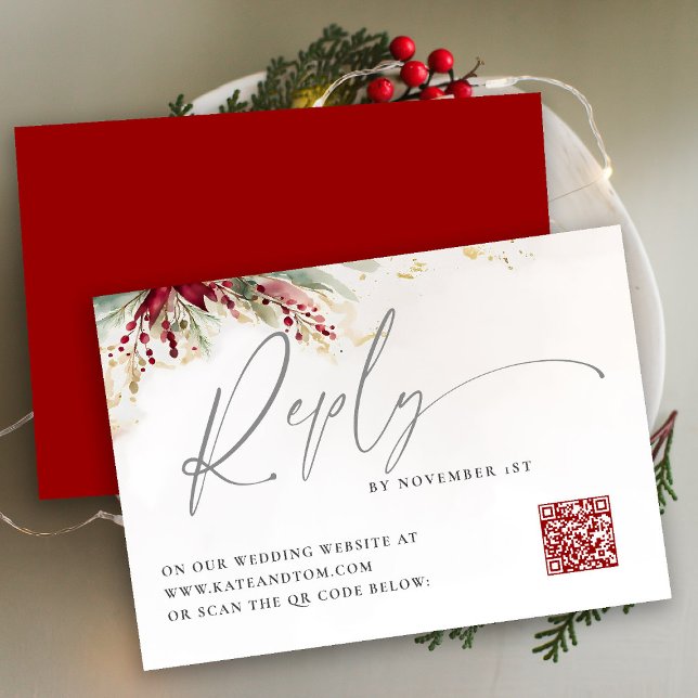 Winter Greenery Weihnachten Red Green QR Reply Car (winter wedding christmas bow greenery berries watercolor rsvp card meal elegant modern qr code)