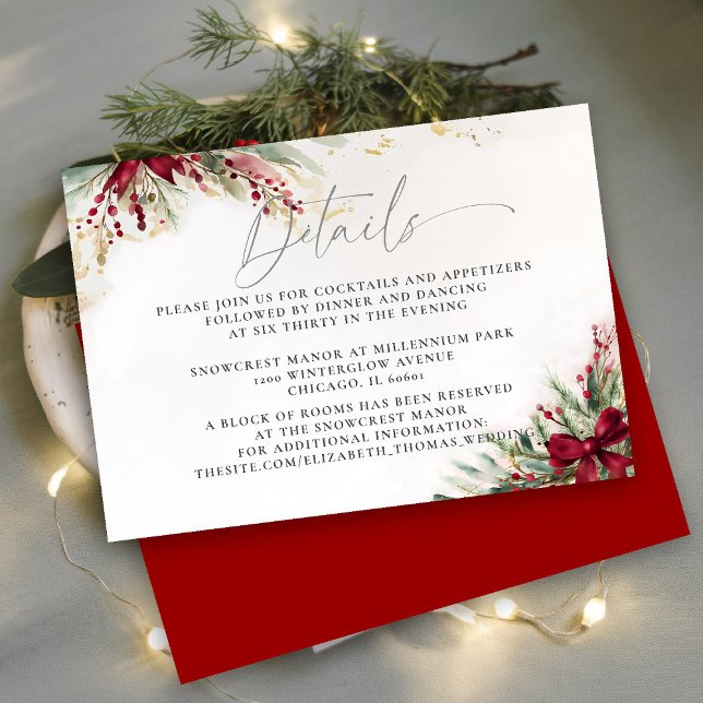 Winter Greenery Weihnachtsbow Red Wedding Details Begleitkarte (winter wedding details enclosure christmas bow greenery berries watercolor elegant calligraphy)