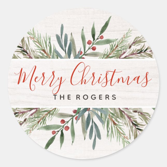 Winter Greenery Weihnachtslabel Runder Aufkleber (Vorderseite)