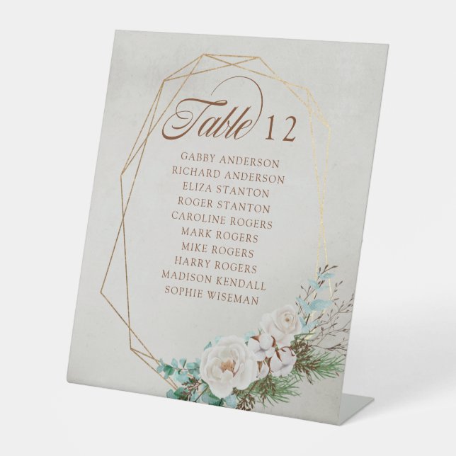 Winter Greenery White Rose Hochzeitstisch Sitzplat Sockelschild (Vorderseite)