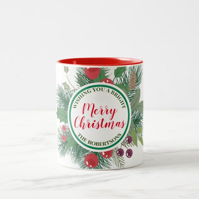 Winter Greenery Wreath Frohe Weihnachten Zweifarbige Tasse (Mittel)