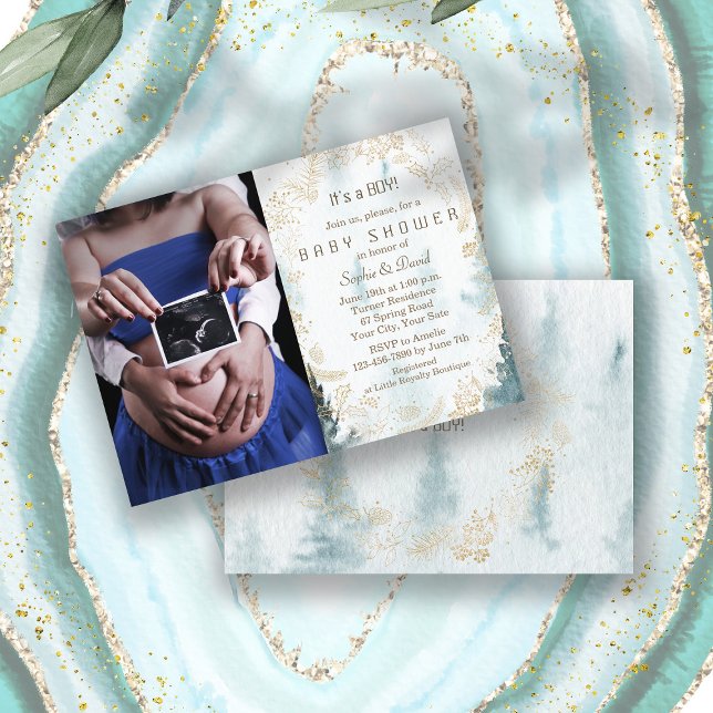 Winter Greenery Wreath Gold Foto Boy Baby Shower Einladung (photo baby shower, winter baby shower invite, trendy watercolour winter scenery baby shower, gold)