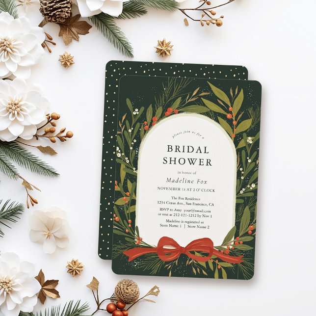 Winter Greenery Wreath Red Bow Green Brautparty Einladung (Von Creator hochgeladen)