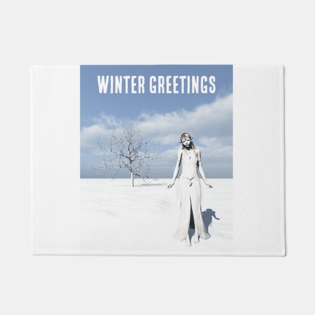 Winter Greetings. Female elf walking in the snow  Fußmatte (Vorderseite)
