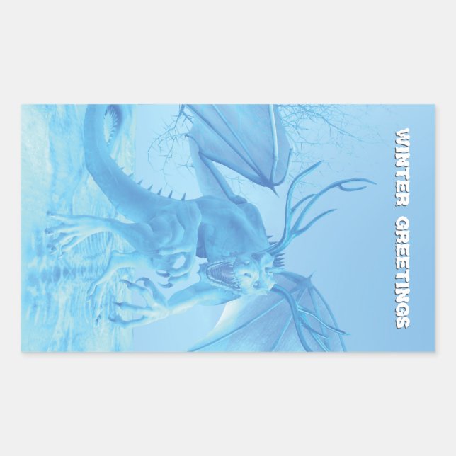 Winter Greetings. Ice dragon with antlers Rechteckiger Aufkleber (Vorderseite)