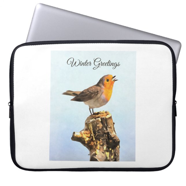 Winter Greetings. Robin singing  Laptopschutzhülle (Vorderseite)