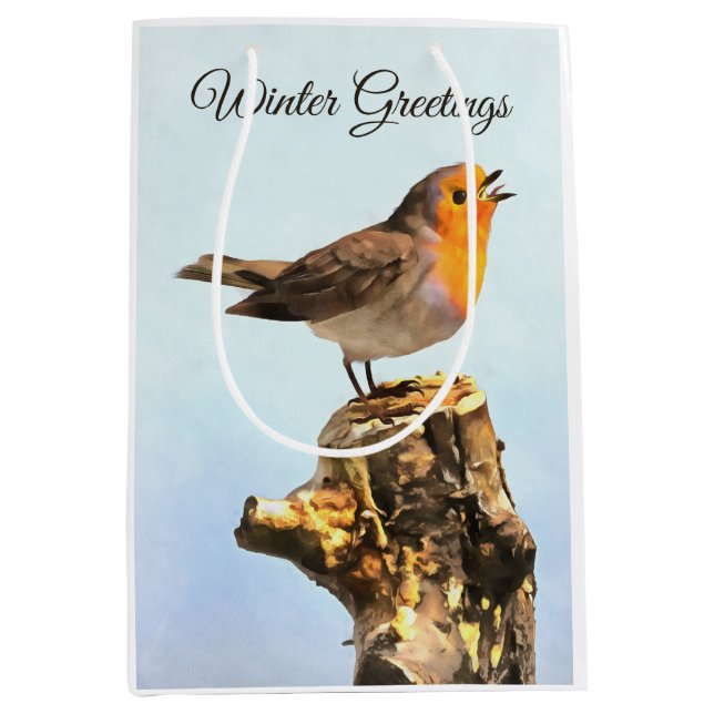 Winter Greetings. Robin singing  Mittlere Geschenktüte (Vorderseite)