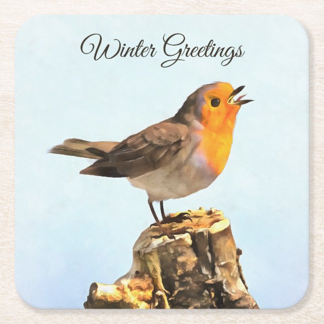 Winter Greetings. Robin singing  Rechteckiger Pappuntersetzer (Vorderseite)