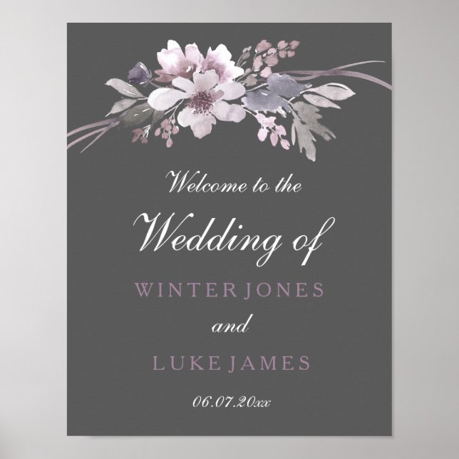 Winter Grey Floral Watercolor Wedding Poster (Vorne)