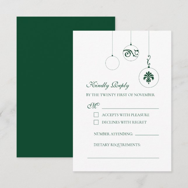Winter Grüne Weihnachtsbaumschmuck Hochzeit RSVP Karte (Vorne/Hinten)