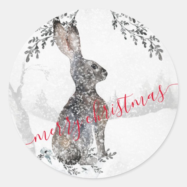 Winter Hare Rabbit Snowy Woodland Szene Runder Aufkleber (Vorderseite)