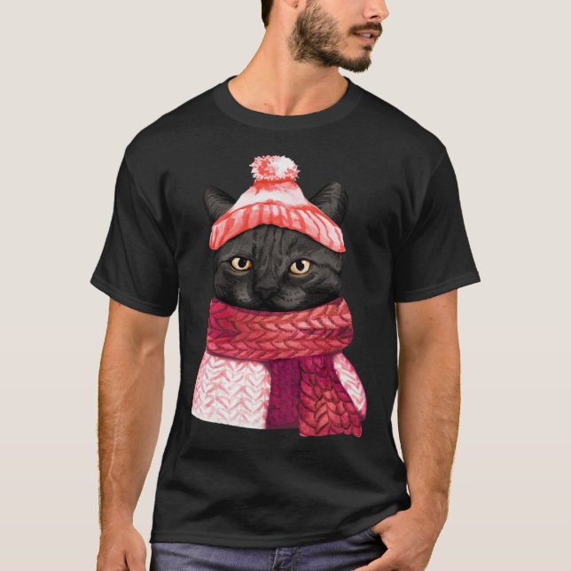 Winter Hat And Shawl Black Cat For Kitten T-Shirt (Vorderseite)