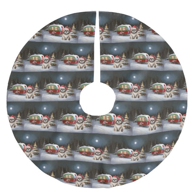 Winter Havanese Caravan Weihnachtsabenteuer Polyester Weihnachtsbaumdecke (Vorderseite)