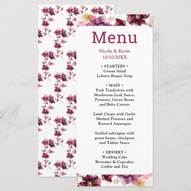 Winter Hellebore Floral Burgundy Wedding Menu Menükarte (Vorne/Hinten)