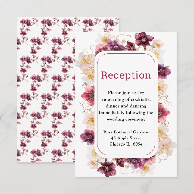 Winter Hellebore Floral Burgundy Wedding Reception Begleitkarte (Vorne/Hinten)
