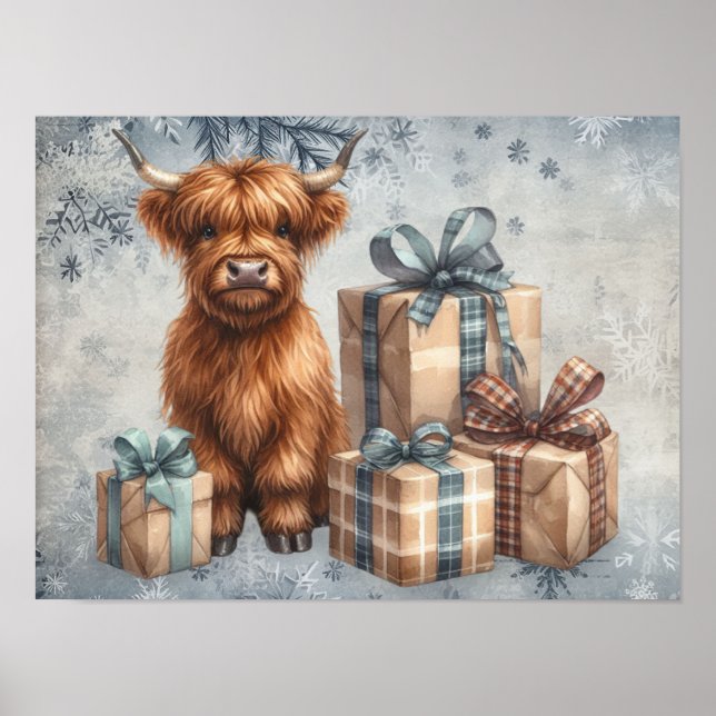 Winter Highland-Kuh Blaue Geschenke Poster (Vorne)