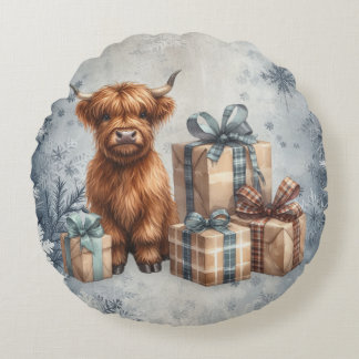 Winter Highland-Kuh Blaue Geschenke Rundes Kissen