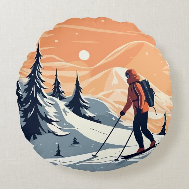 Winter Hiker Mountain Scene Rundes Kissen (Vorderseite)