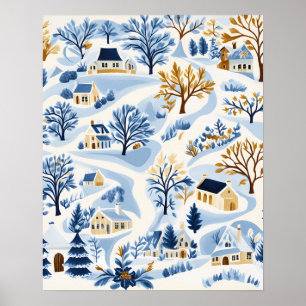 Winter Hillside Village mit gemütlichen Hütten Poster