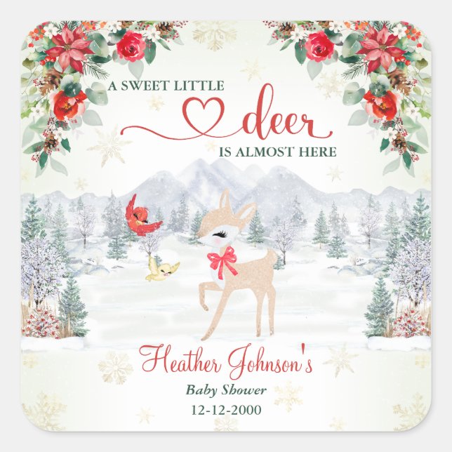Winter Hirsch Weihnachtsschneeflocke Kinderdusche Quadratischer Aufkleber (Vorderseite)