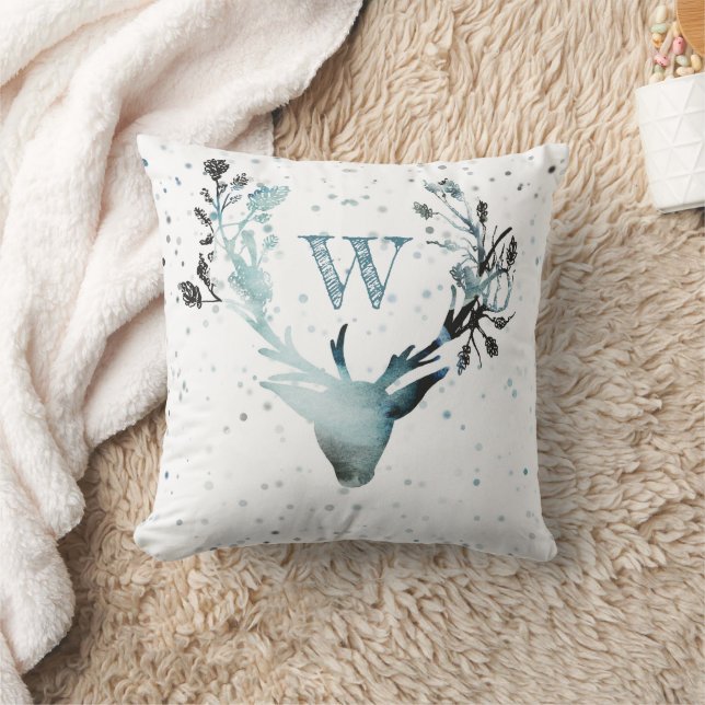 Winter Hirschkopf Silver Blue Monogram Christmas Kissen (Decke)