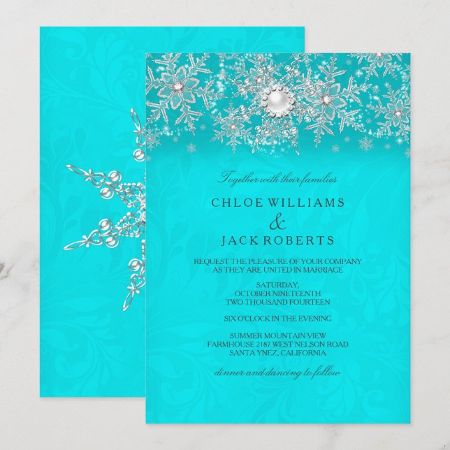 Winter Hochzeit Aquamarine Crystal Pearl Snowflake Einladung (Vorne/Hinten)