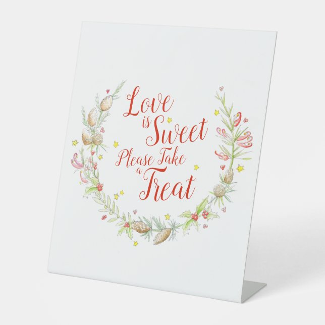 Winter Hochzeit Aquarell Concerries und Sterne Sockelschild (Vorderseite)