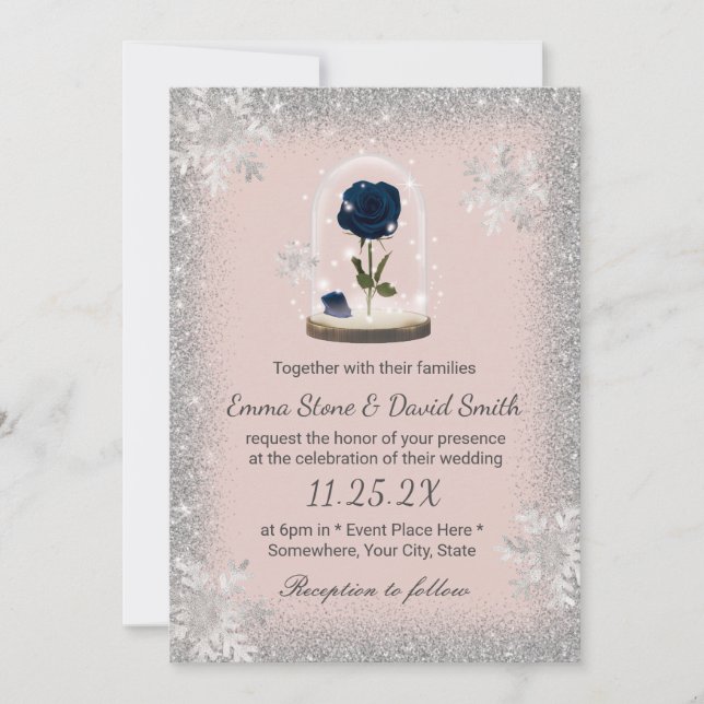 Winter Hochzeit Beauty Blue Rose Dome Blush Pink Einladung (Vorderseite)