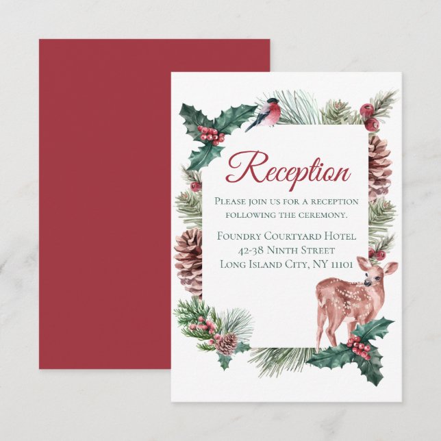 Winter Hochzeit Empfang Weihnachten Hirsch Rote Fl Einladung (Vorne/Hinten)