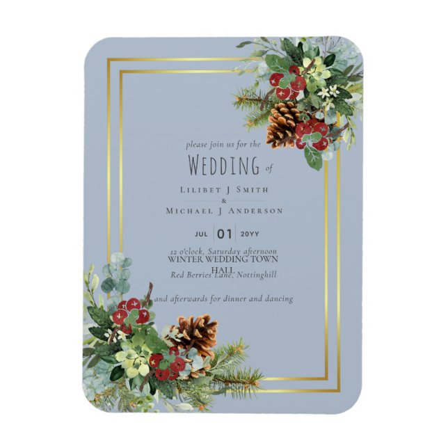Winter Hochzeit mit roten Beeren und Kiefernzapfen Magnet (Vertikal)
