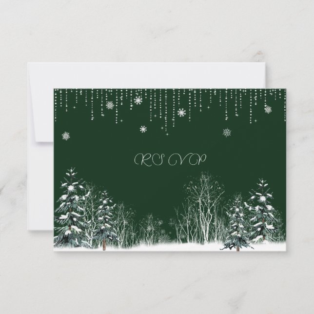 Winter Hochzeit Pine Trees Schneeflocken RSVP Karte (Vorderseite)