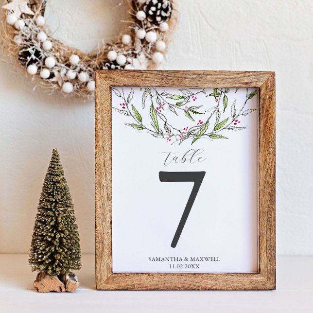 Winter Hochzeit Tischnummer Rustikale Botanicals (Winter wedding table number unique Christmas botanical art by Victoria Grigaliunas Do Tell A Belle)