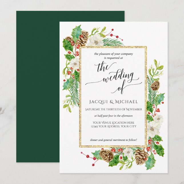Winter Hochzeit Wasserfarbene Rose Kiefernkiefer B Einladung (Vorne/Hinten)