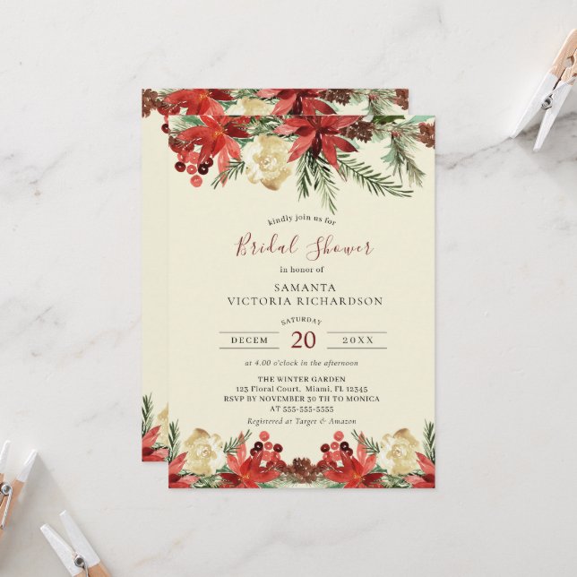 Winter Hochzeit Weihnachts-Brautparty Einladung (Vorderseite/Rückseite Beispiel)