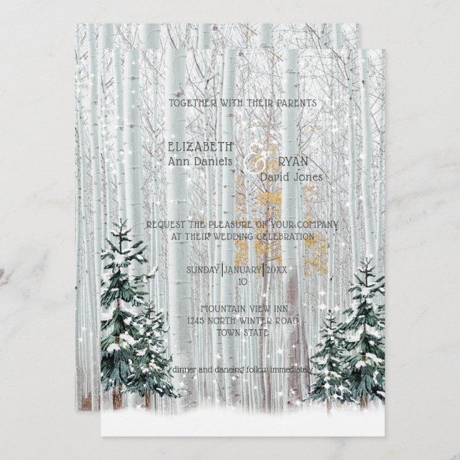 Winter Hochzeit Weißer Birkenholz-Pinienschnee Einladung (Vorne/Hinten)