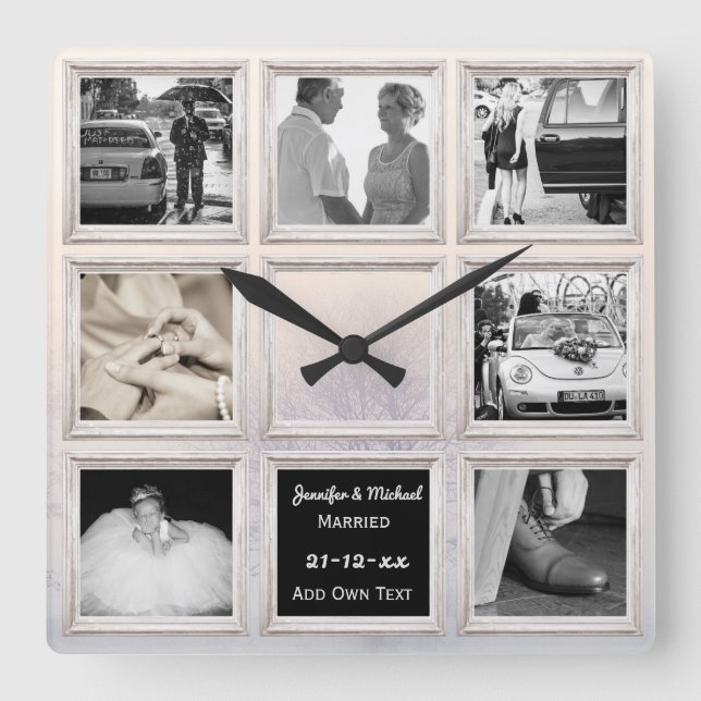 Winter Hochzeitfoto Collage oder Jubiläumsschnee Quadratische Wanduhr (Vorderseite)