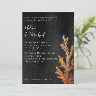 Winter-Hochzeitskiefernzweig in Schwarz und Kupfer Einladung
