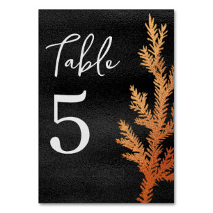 Winter-Hochzeitskiefernzweig in Schwarz und Kupfer Tischnummer
