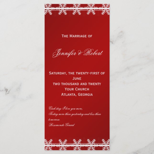 Winter-Hochzeitsprogramm für Red White Snowflake Programm (Vorderseite)