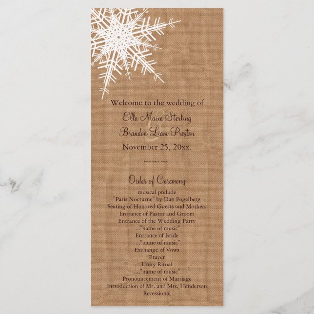 Winter Hochzeitsprogramm mit Jute Programm (Vorderseite)