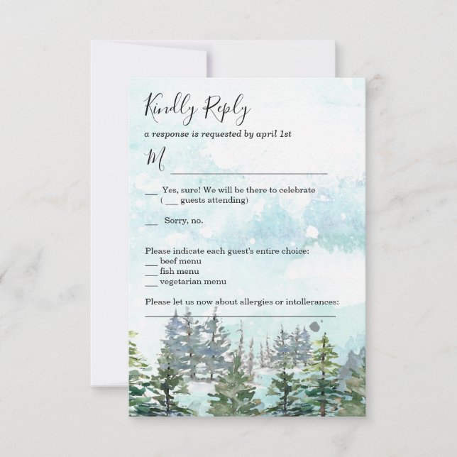 Winter Hochzeitsschneebäume RSVP Karte (Vorderseite)