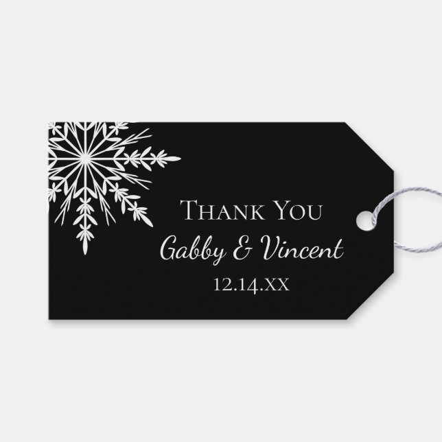 Winter Hochzeitstag mit Schwarz-Weiß-Schneeflocken Geschenkanhänger (Vorderseite (Horizontal))