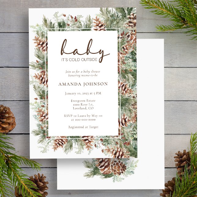 Winter Holiday Baby Dusche Einladung (Pinecone Evergreen Winter Holiday Baby Shower Invitation by Painted Paperie
)