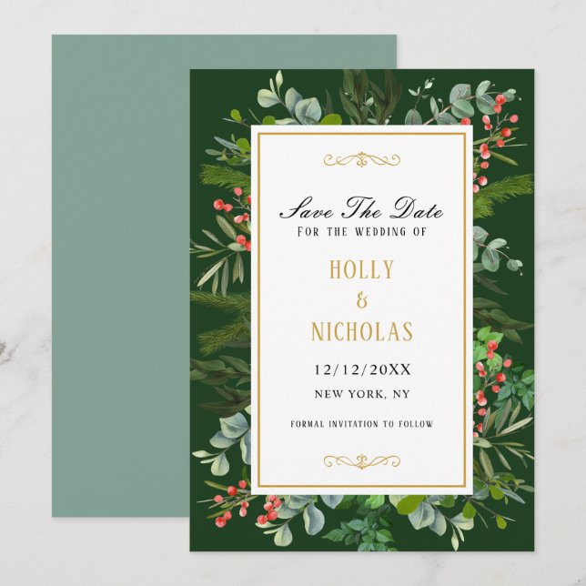Winter Holiday Berries Skript für Watercolor Save The Date (Vorne/Hinten)