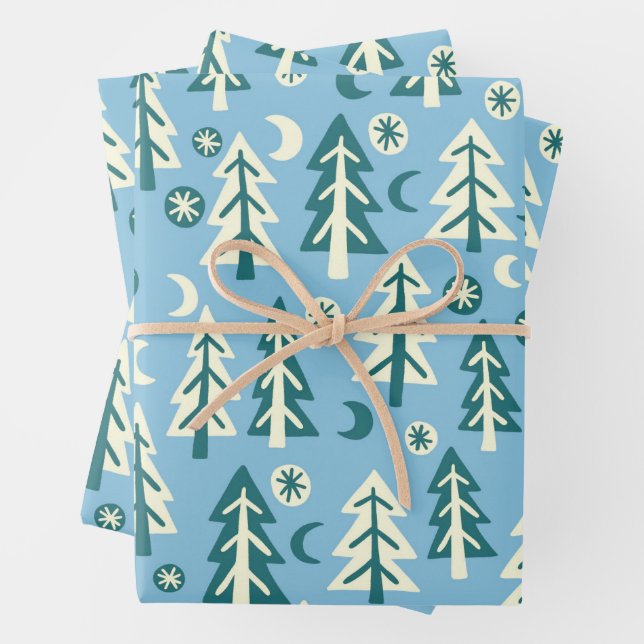 Winter Holiday Blue Green Trees Pattern Gift Geschenkpapier Set (Beispiel)