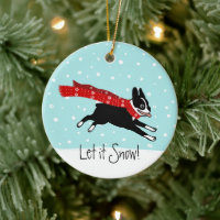 Winter Holiday Boston Terrier Wearing Red Scarf