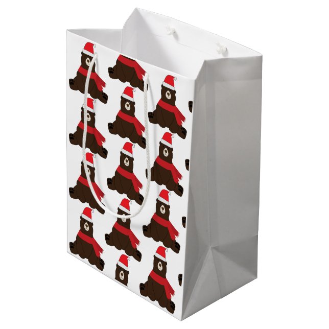 Winter Holiday Brown Bear Medium Geschenktasche Mittlere Geschenktüte (Rückseite Schrägansicht)