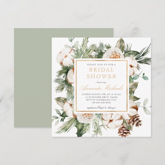 Winter Holiday Greenery Pine Gold Brautparty Einladung (Vorne/Hinten)