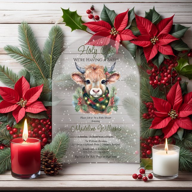 Winter Holiday Highland Heilige Kuh Baby Dusche Acryleinladungen (Winter Holiday Highland "Holy Cow" Baby Shower Arched Acrylic Invitation)